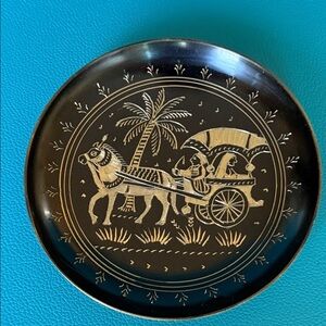 Damascene Brass Black Decorative Wall Plate with Horse and Carriage Design